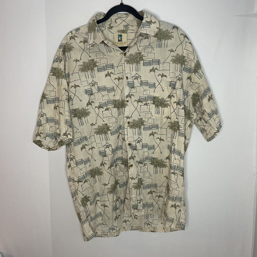 Kahala Shirt Mens Tan Large Short Sleeve Button Up All Over‎ Print Palm Hawaiian